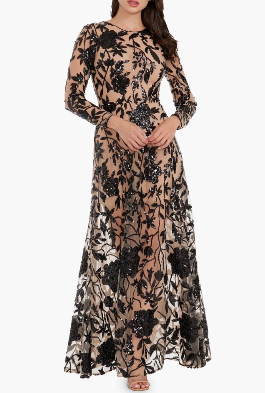 NEW Dress The Population Ava Sequin Floral Embroidered Long Sleeve Gown Small